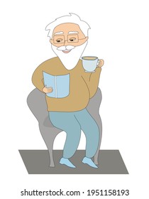 The Old Man Reads A Book And Drinks Coffee 