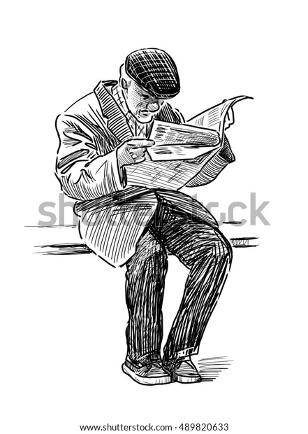 Old Man Reads Newspaper On Park Stock Illustration 489820633