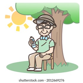 A Old Man Resting Under The Tree Avoiding Heat Stroke.