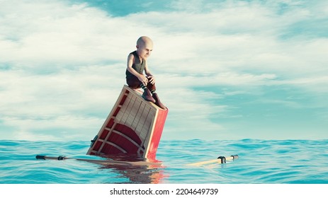 Old Man Sits On Sinking Boat . Failure And Problem Concept . This Is A 3d Render Illustration.