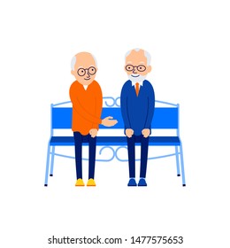 Old man sitting. Two elderly people are sitting on bench. An elderly man extends his hand to another for a greeting. Old friendships. Illustration isolated on white background in flat.