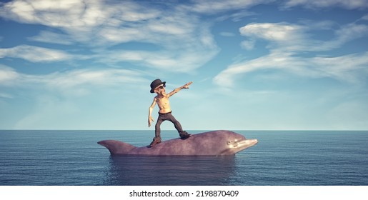 Old Man Surfing On A Dolphin In The Ocean.  This Is A 3d Render Illustration