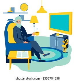 Old Man Watching TV At Home. Flat Style. Cartoon Raster Illustration