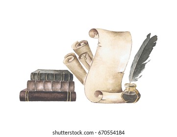 "Old manuscripts, books, ink and feather" , watercolor illustration