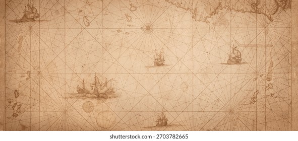 Old map collage background. A concept on the topic of sea voyages, discoveries, pirates, sailors, geography, travel and history. Effect of overlay on old texture of paper.  