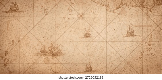 Old map collage background. A concept on the topic of sea voyages, discoveries, pirates, sailors, geography, travel and history. Effect of overlay on old texture of paper.  Pirate, travel and nautical background. 