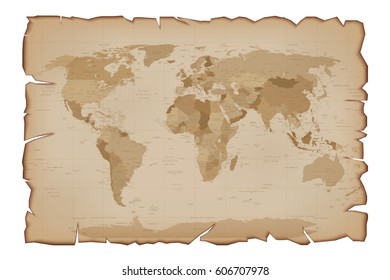 Old Map On Paper Scroll With Tattered Edges. Retro Illustration Isolated On White Background.