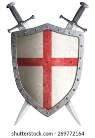 Old Medieval Crusader Shield And Two Crossed Swords Isolated