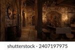 Old medieval dining hall at night with Viking shields hanging on the wall. 3D illustration.