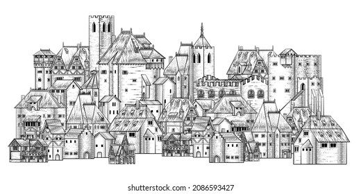 An Old Medieval Town, City Or Village Buildings Drawing Or Map Design Element In A Vintage Engraved Woodcut Style