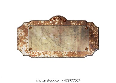 old metal sign board on isolated white background. western style. 3d illustration.