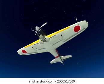 Old Military Aircraft Is Flying Up Above The Clouds Night View, 3d Illustration