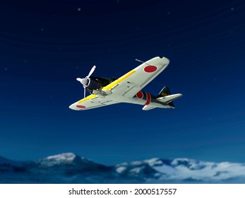 Old Military Aircraft Is Passing By Above The Clouds Night View, 3d Illustration