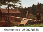 Old Mill, The Morning Bell (1871) by Winslow Homer. Vintage mill farm art drawing illustration, farm building old painting art print. American realism painting by famous artist Winslow Homer.