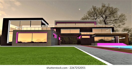 The old mysterious empty tree behind the fashionable suburban dwelling with illuminated exterior. Dense wood is visible behind the passage. White glowing border between the walkway. 3d rendering.