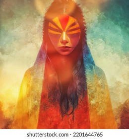 Old Native American Indian Woman Face On Abstract Background.