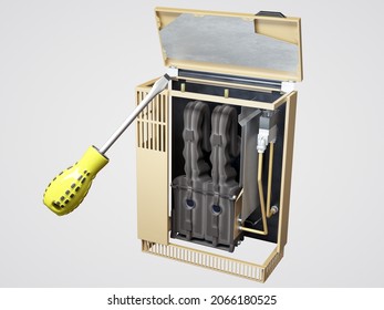 Old Natural Gas Heater Repair Illustration. Convector With A Screwdriver. 3D Render.