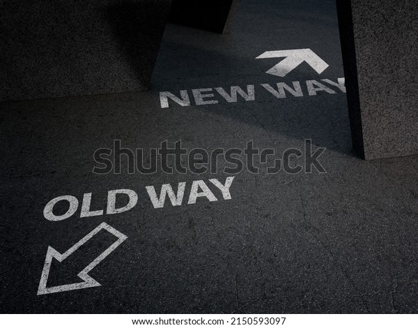 Old and new way\
text in decision concept. 3d rendering of dark gray asphalt road\
with white painted\
sign.