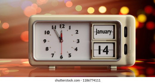 Old New Year's Day. January 14th, New Year Day By The Julian Calendar On A Alarm Clock, On Festive, Bokeh Background. 3d Illustration