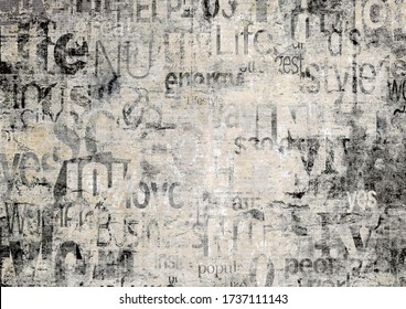 Old newspaper paper grunge with letters, words texture background. Blurred vintage newspapers textured backdrop. Blur unreadable aged news lettering horizontal page. Sepia and gray art collage.