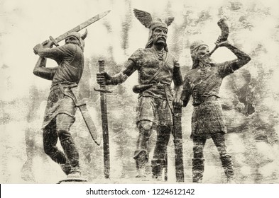 Old Norse God Odin and two Vikins (guards) - warrior who raised a sword and another one with horn, monochrome illustration in grunge style, epic theme,  Asgard and Valhalla myths