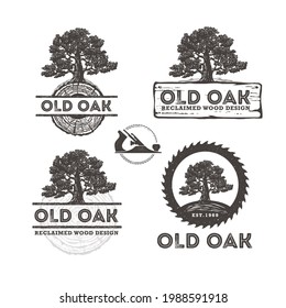 Old Oak Reclaimed Barn Wood Craft Rustic Sign Design Concept. Workshop Artisanal Logo. Natural Banner Illustration Set