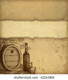 Old paper and sketch wine bottle