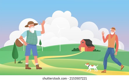 Old People Greet Illustration. Cartoon Elderly Man Villager Characters Greeting And Waving, Male Pet Owner Walking Dog In Village Summer Landscape With Road, Houses And Windmills Background