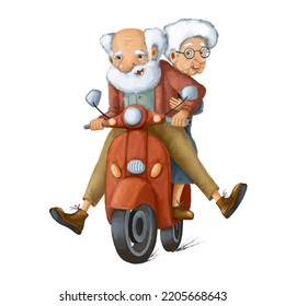 Old People On Scooter, Seniors Couple Activity Watercolor Style Illustration Good For Card And Print Design