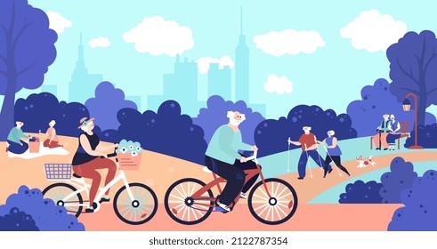 Old people in park. Active elderly, seniors walking dog on nature. Retired couple relax on picnic, fun hiking in city garden concept - Powered by Shutterstock