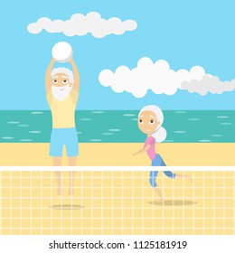 Old People Playing Volleyball On The Beach.