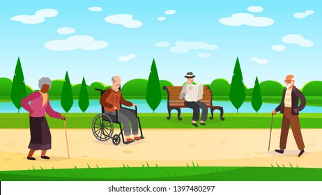 Old People Walking Park. Outdoors Character Grandpa Grandma Walk Bench Bicycle Elderly Man Woman Active Pensioner Flat Illustration