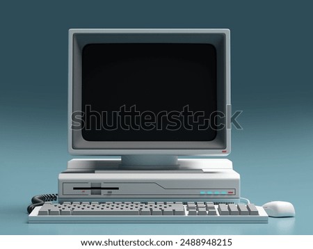 Old personal computer front view on a blue background. 3d render illustration. 3D Illustration