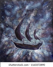 Old pirate ships in starry fog cosmos,  dark and white oil painting