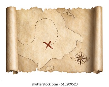 Old Pirates Treasure Scroll Map Isolated 3d Illustration