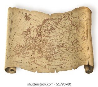 Old Ragged Map Of Europe On Paper Or Parchment Document Roll