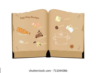 Old Recipe Book, Egg Nog Ingredients For Christmas Hot Drink. Isolated, White Background, Art   The Recipe For A Cookbook   Bitmap Image