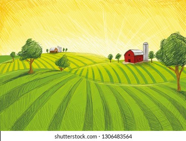 Old Red Barn On Green Landscape, Drawing Naive In Fine Lines. Agriculture With Sundowner. 