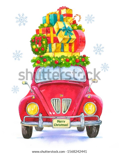 Old red car with christmas gifts on the roof.\
Watercolor illustration, card.\
