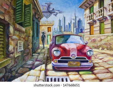 The Old Red Car Is Standing At The Sunny Street Of The Southern City Near The Old Colonial Style Architecture Buildings. The Oil Painting 70x50 Cm.