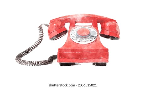 An old red dial-up phone watercolor illustration