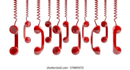 Old Red Phone Receivers Hanging On White Background. 3d Illustration