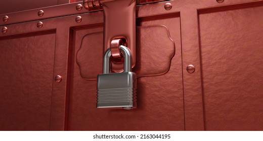 Old Red Pirate Trunk Closed And Locked. Treasure Chest Padlock Close Up View. Safe Fortune, 3d Render