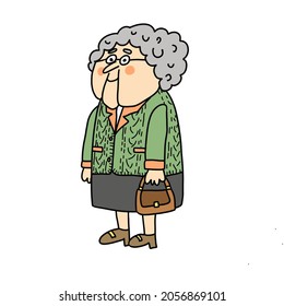 An Old Retired Woman With A Small Hand Bag In Green Jumper And Grey Skirt Standing Isolated. Greyhaired And With Glasses. Cartoon Style.