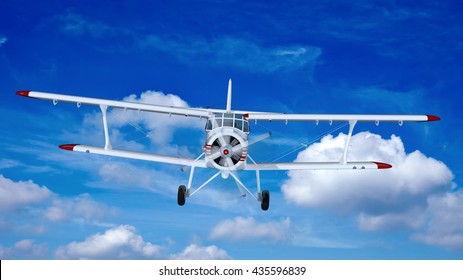 old retro bi plane fly in the clouds. 3d rendering