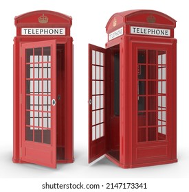 Old Retro British Red Telephone Booth Different Angle Poses On White Isolated Background 3d Rendering 1