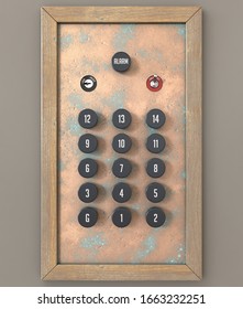 An old retro elevator control panel with fourteen floors made of brass and wood with analog buttons - 3D render