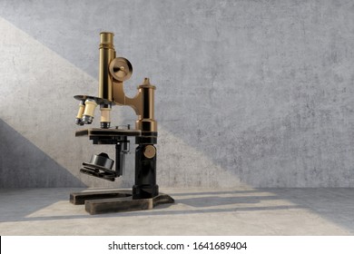 old retro microscope illuminated by ray of light. 3d rendering