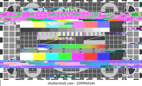 An Old Retro Vintage Tv Test Pattern (appearing On Air In Case Of Technical Difficulties), With A Bad Heavy Glitch Effect.
