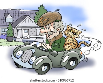 Old rich man driving with a Jaguar on the backseat
